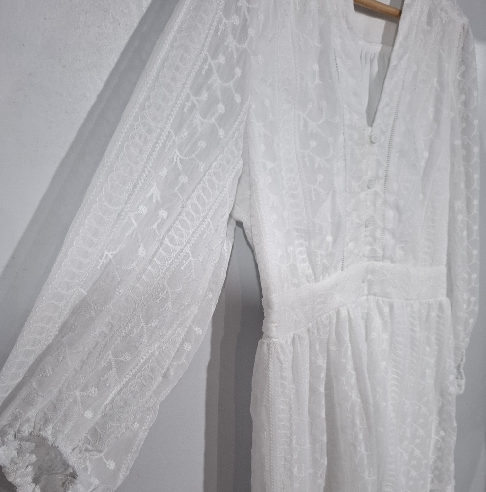 Baltic Born White Eyelet Embroidered Ruffle Long Sleves Midi Dress Sz XL Cottage - Picture 3 of 12